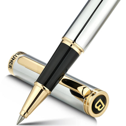 BEILUNER Luxury Rollerball Pen, Stunning Silver Chrome with 24K Gold Finish,Noble and Elegant Designs,Schneider Ink Refill, Best Gift Pen for Men & Women, Professional, Executive Office, Fancy Pens