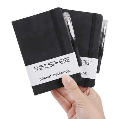 2Pack Pocket Notebook Small Notebook Journal Notebook 4 inches x 5.7 inches 200 Pages Leather Cover With Pen Holder Page Marker Ribbons(Black)