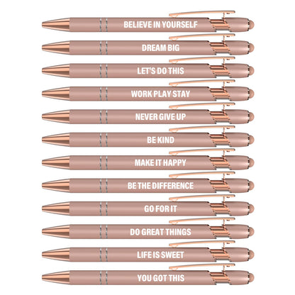 Actsun Funny Pens - 12 Pack Fine Point Smooth Writing Pens with Inspirational Tips, Black Ink, Touch Stylus Screens, Motivational Gift for Office & Desk Accessories
