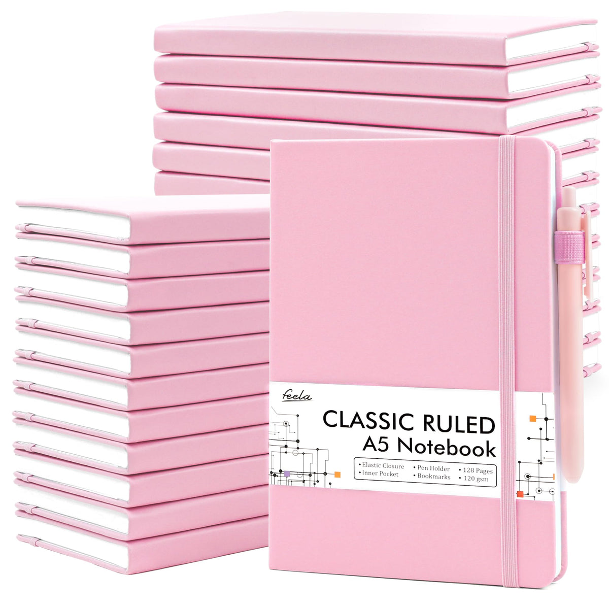 feela 24 Pack Journal Notebook for Work, Business Notebook Bulk Hardcover Lined Writing Journal with Pen Holder for Men Women Note Taking, with 24 Black Pens, 120 GSM, 5.1”x8.3”, A5, Gray