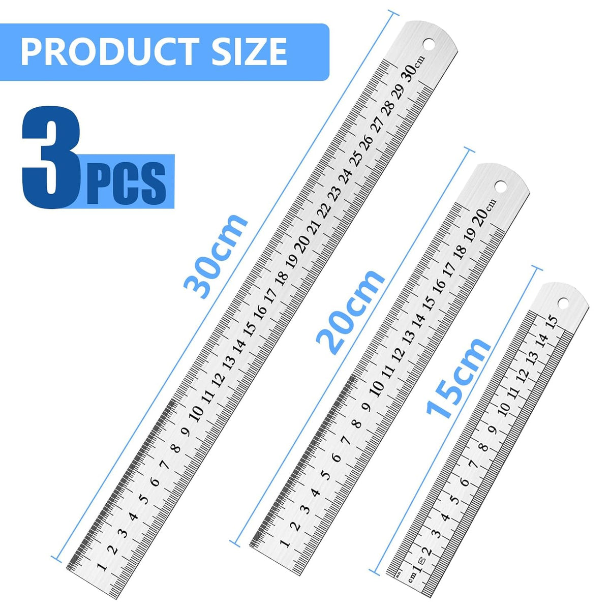 DTDNZKN 3 Pcs Stainless Steel Rulers, 6", 8", 12" (15cm,20cm,30cm)