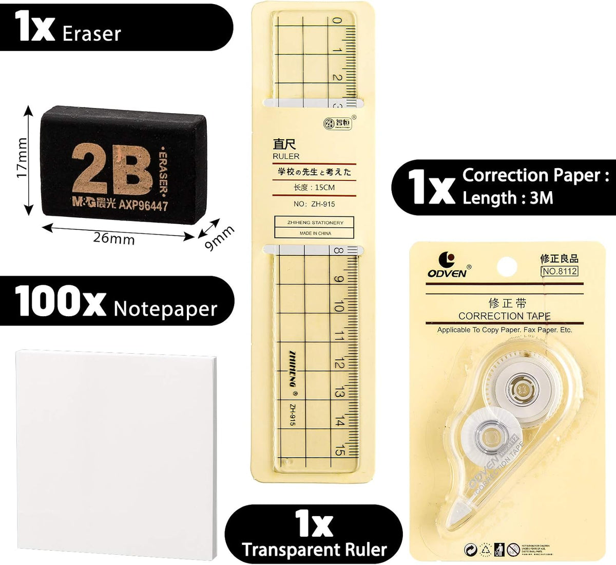 Whaline 10Pcs Japanese Style Stationery Set, Gel Ballpoint Pen, Mechanical Pencil, Lead Refills, Correction Tape, Sticky Notes, Eraser, Ruler, Highlighter, Bag, Back to School Supplies for Students