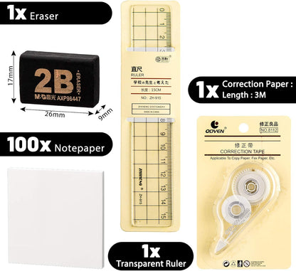 Whaline 10Pcs Japanese Style Stationery Set, Gel Ballpoint Pen, Mechanical Pencil, Lead Refills, Correction Tape, Sticky Notes, Eraser, Ruler, Highlighter, Bag, Back to School Supplies for Students