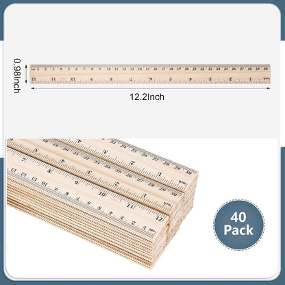 40 Pack Wooden Rulers, 12 Inch/30 cm, Double-Sided for Classroom