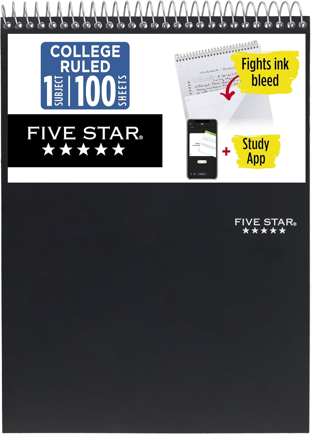 Five Star Top Spiral Notebook + Study App, 1 Subject, College Ruled Notepad, 8-1/2" x 11", 100 Sheets, Fights Ink Bleed, Water Resistant Cover, Black (820058A-ECM)