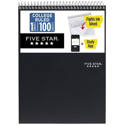 Five Star Top Spiral Notebook + Study App, 1 Subject, College Ruled Notepad, 8-1/2" x 11", 100 Sheets, Fights Ink Bleed, Water Resistant Cover, Black (820058A-ECM)