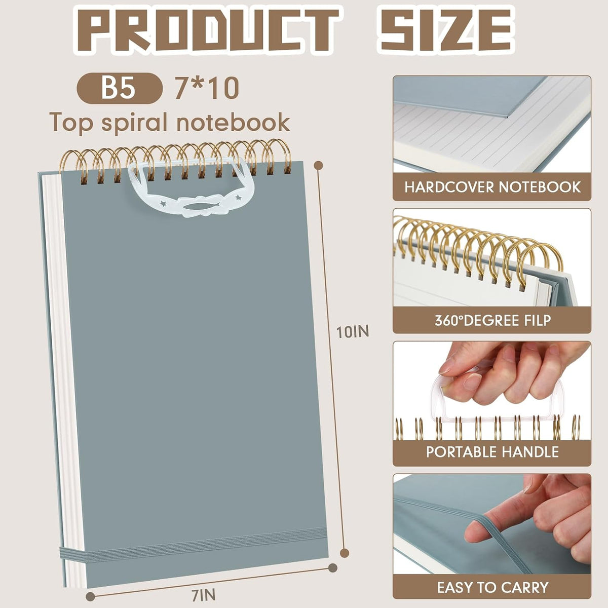 Resurhang 3 Pack Top Spiral Notebook 7"x10", Blue,Green,Gray