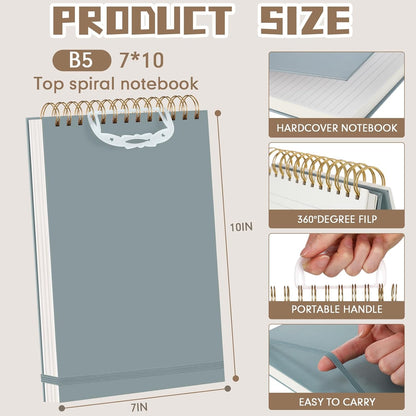 Resurhang 3 Pack Top Spiral Notebook 7"x10", Blue,Green,Gray