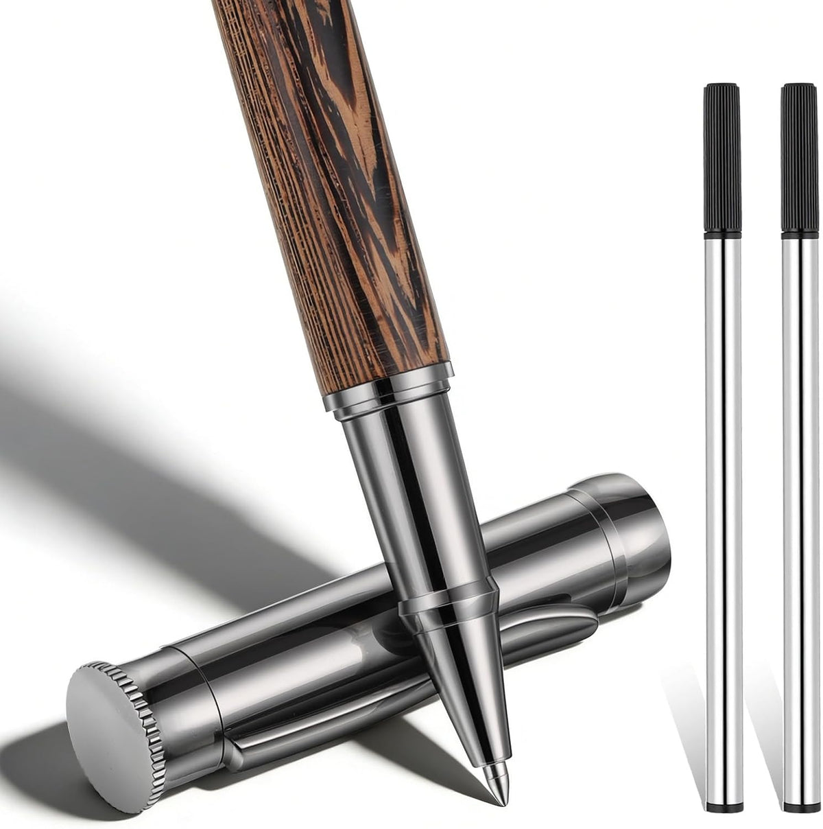 ElevateTech Wood Rollerball Pen Set with 2 Ink Black Refills