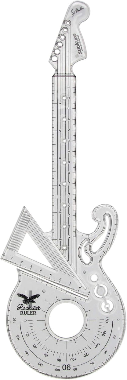 Suck UK Rockstar Ruler | 15 cm Ruler, Protractor & 60° Set Square | Geometry Set | Clear Shatterproof Ruler | Math Set | Clear Plastic Ruler | Music Stationery Ruler Set