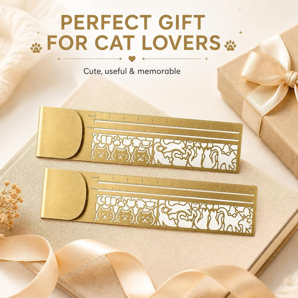 Cute Hollow Cat 3-in-1 Metal Bookmark Ruler Multifunctional Template Tool，C