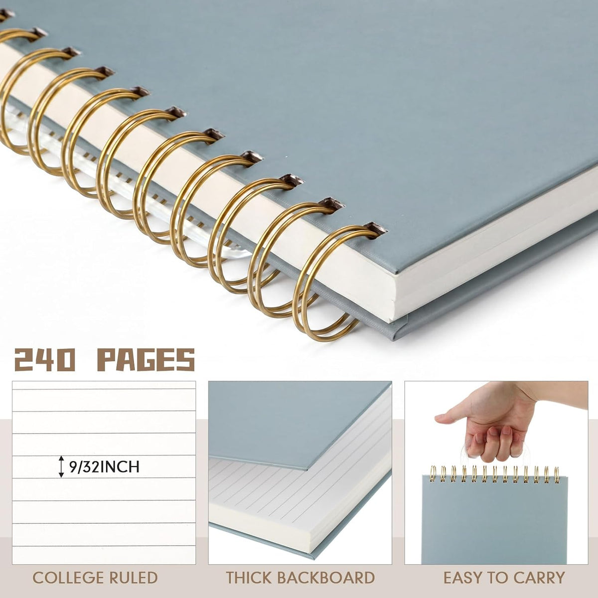 Resurhang 3 Pack Top Spiral Notebook 7"x10", Blue,Green,Gray