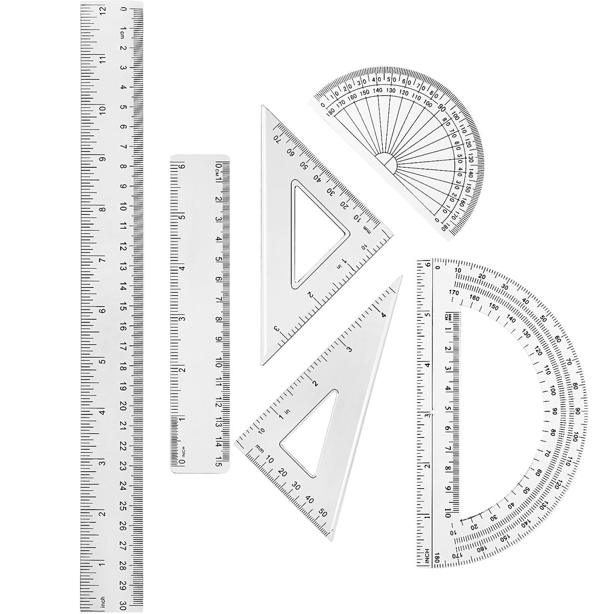 Tenare 6 Pcs Math Geometry Ruler Set, Protractor Triangle School,Clear