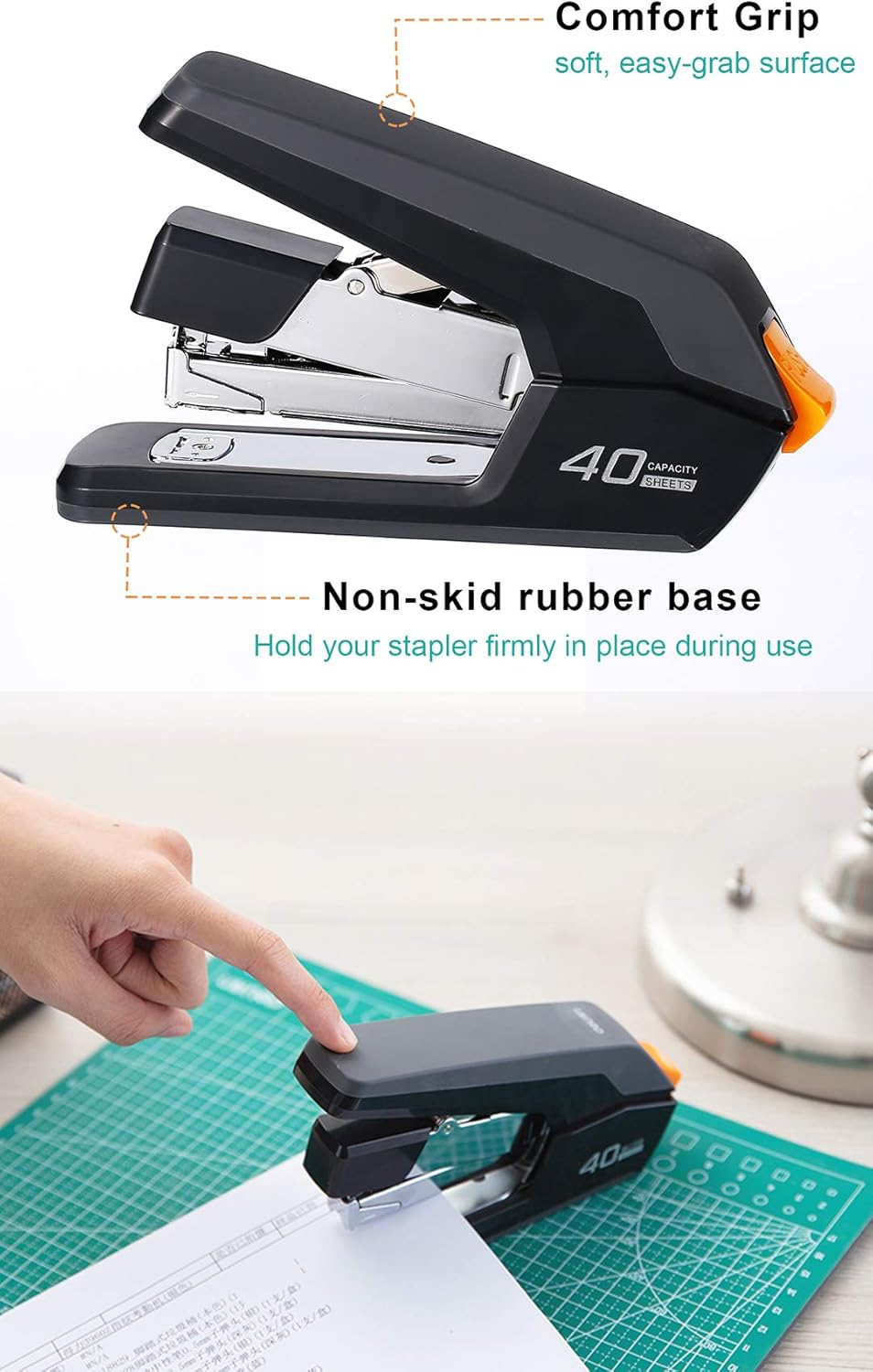 Leven Effortless Desktop Stapler, 40 Sheet Capacity, One Finger Stapling