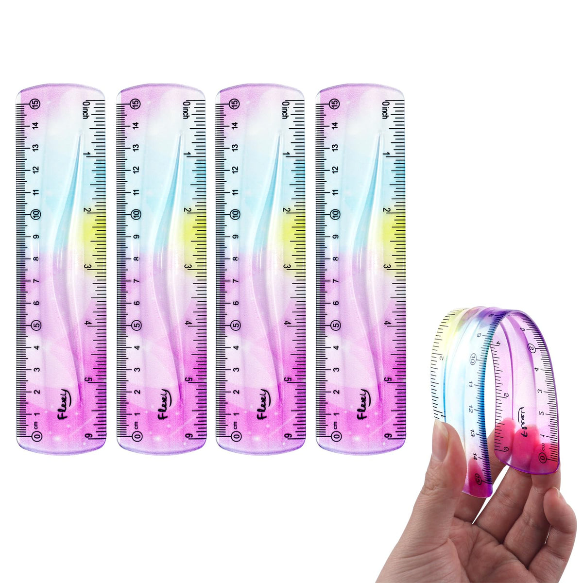 12 Inch & 6 Inch Flexible Ruler, Bendable Plastic Ruler, Soft Bendable Gradient Color Rulers with Centimeters and Inches for Student School Classroom Office Supplies