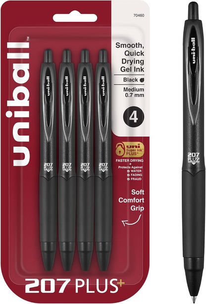 uniball™ 207 Plus+ Gel Pens, Black Ink, 0.7mm Medium Point, 4 Count