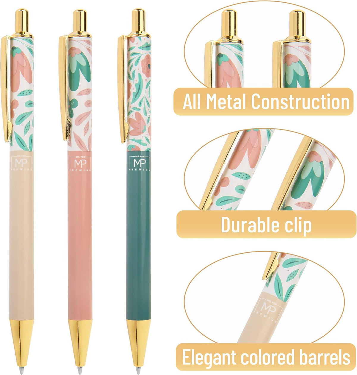 Mr. Pen- Luxury Floral Pen Set, 3 pcs, Black Ink Ballpoint Pens, Floral Pen