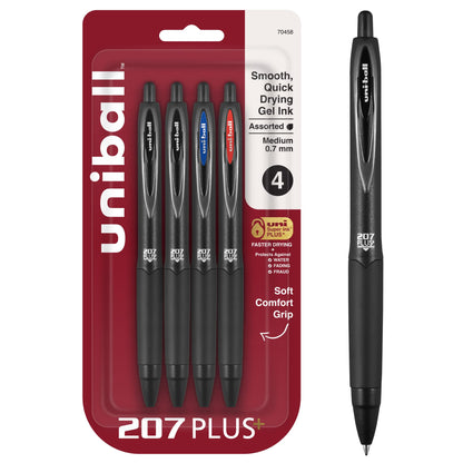 uniball™ 207 Plus+ Gel Pens, Black Ink, 0.7mm Medium Point, 4 Count