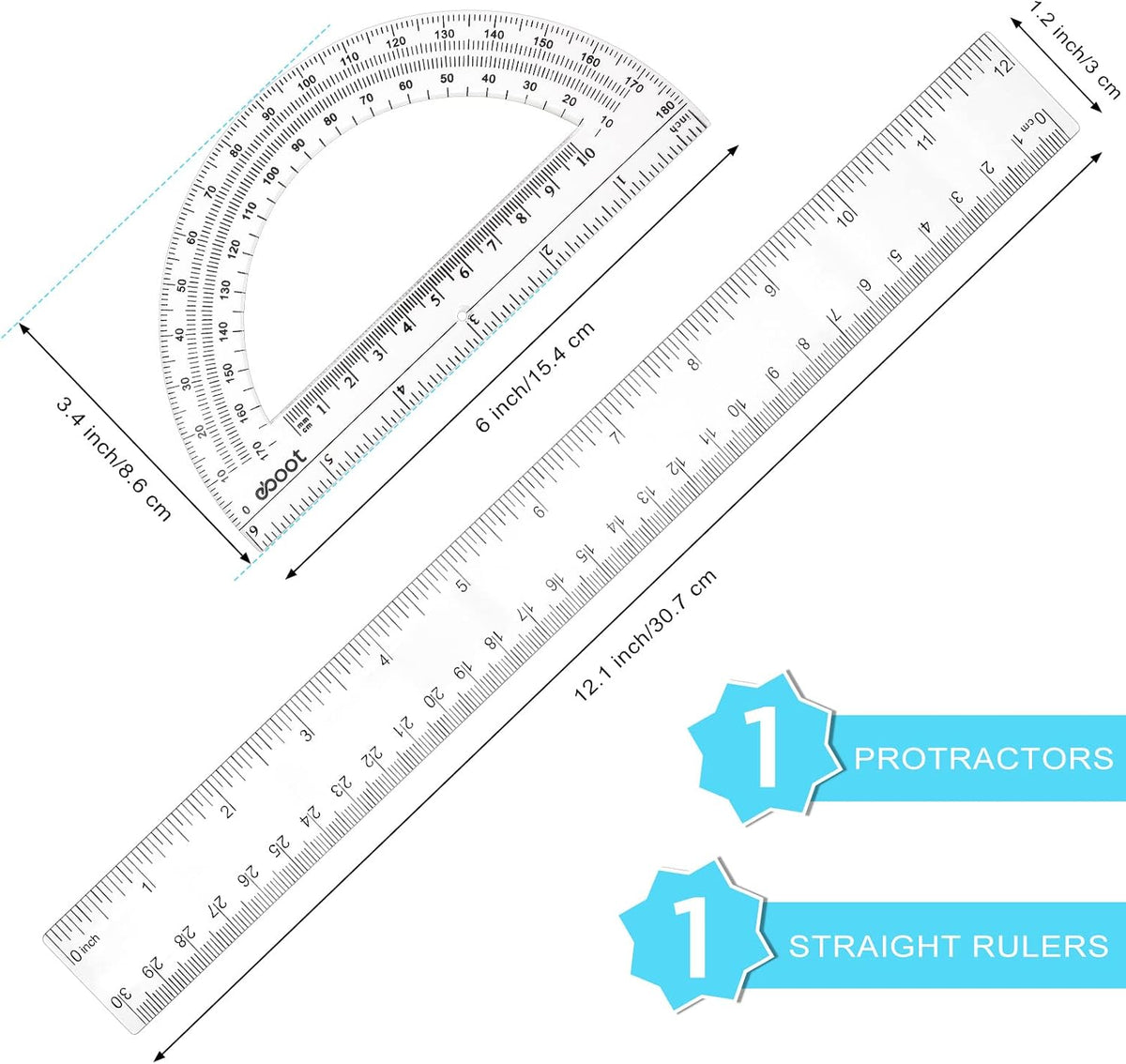 Zonon 2 Pcs 12 Inch Clear Ruler and 6 Inch Plastic Protractor Set, Clear