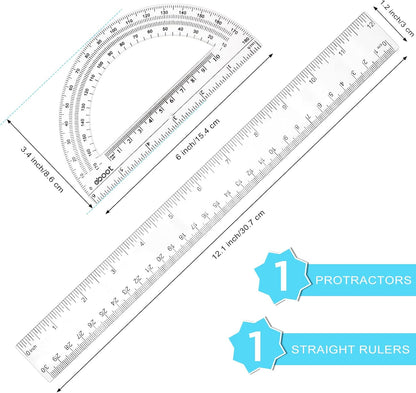 Zonon 2 Pcs 12 Inch Clear Ruler and 6 Inch Plastic Protractor Set, Clear