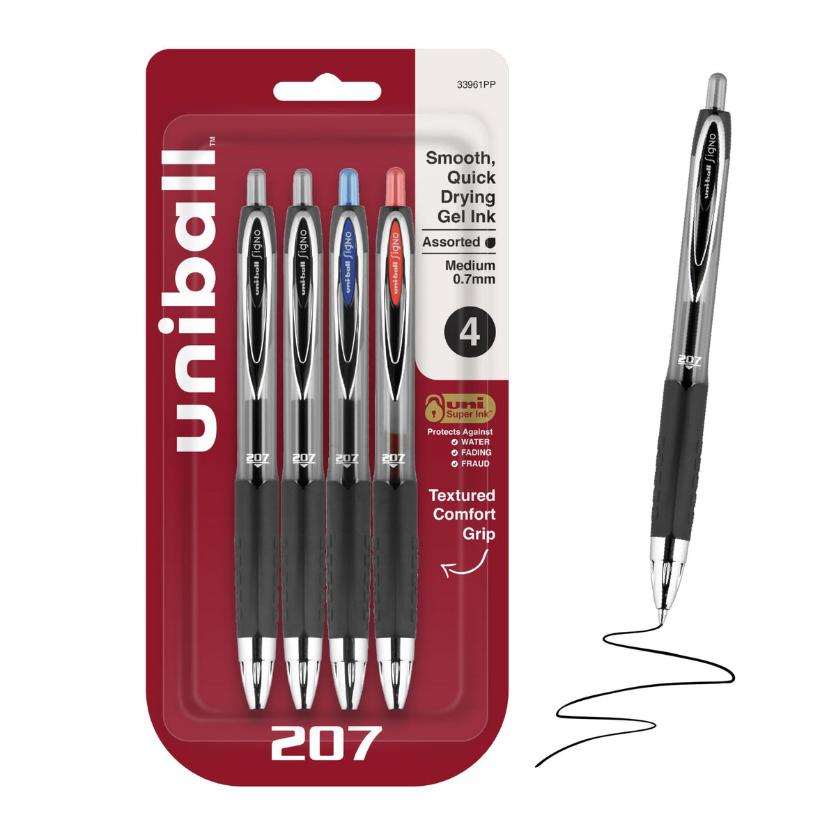 uniball™ 207 Gel Pens, Black Ink, 0.7mm Medium Point, Retractable, 12 Count