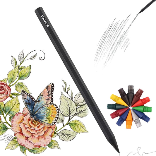 Forever Pencil,Metal Alloy Writing Instrument, With 12 Colored Refill Tips, No Sharpening Required, Pencils for Drawing, Sketching and Writing,Bonus Gift Storage Box (Black, No Gift Box)