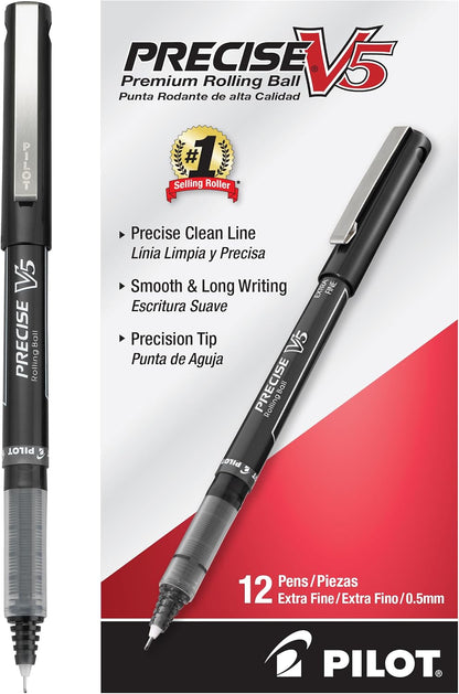 PILOT Precise V5, Extra Fine Point 0.5 mm Black Pens, Black, Pack of 12