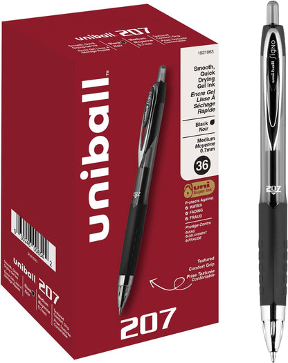 uniball™ 207 Gel Pens, Black Ink, 0.7mm Medium Point, Retractable, 12 Count