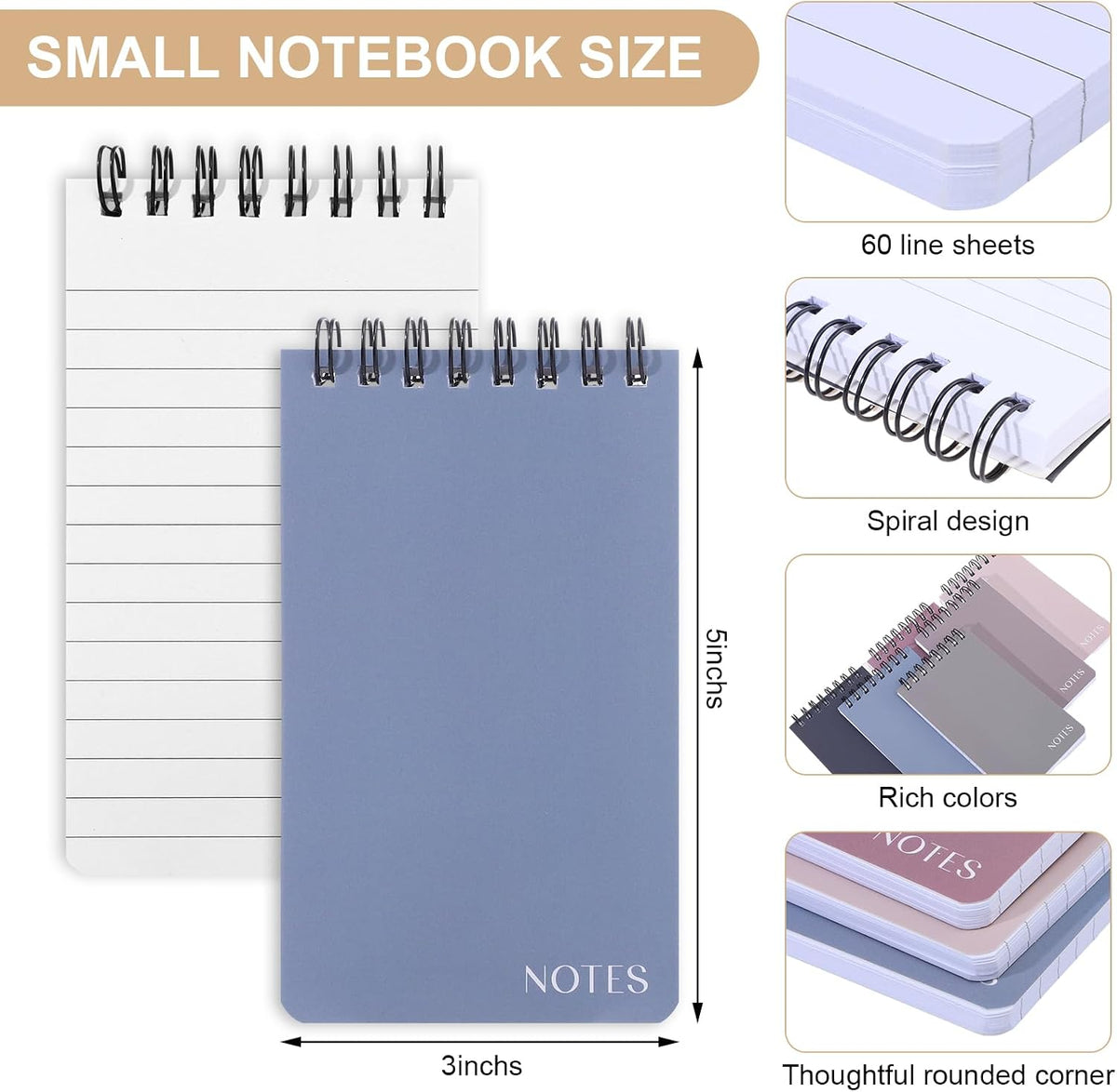 Thboxes 8 Pack Pocket Notebooks, 3 X 5 In Spiral Notepads, Lined