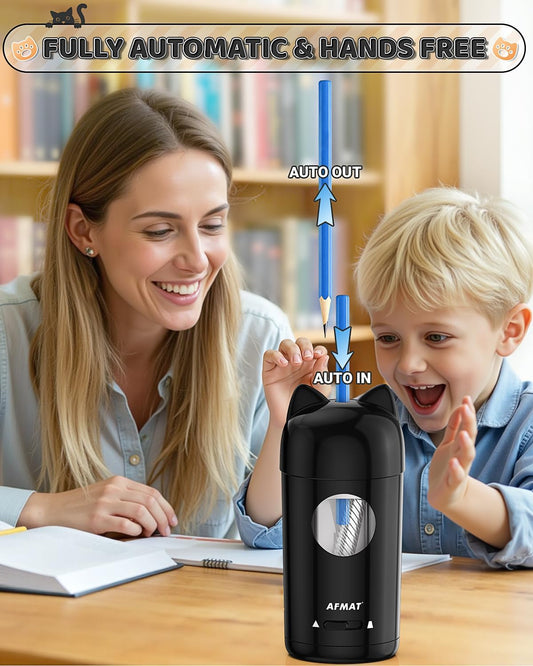 AFMAT Electric Pencil Sharpener, Fully Automatic Pencil Sharpener for Kids, Auto in & Out, for φ7-8mm No.2/Colored Pencils, Rechargeable & Cordless, Cute Cat Pencil Sharpeners for Classroom Home PSX9
