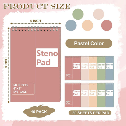 10 Pack 6X9 Pastel Steno Pads Gregg Ruled Spiral Notebook Top Spiral Notepad Colored Steno Pads Pastel Colored Notepads Color Paper 50 Sheets for School College Office(Red Pink Blue Green Flesh)