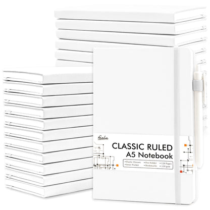 feela 24 Pack Journal Notebook for Work, Business Notebook Bulk Hardcover Lined Writing Journal with Pen Holder for Men Women Note Taking, with 24 Black Pens, 120 GSM, 5.1”x8.3”, A5, Gray