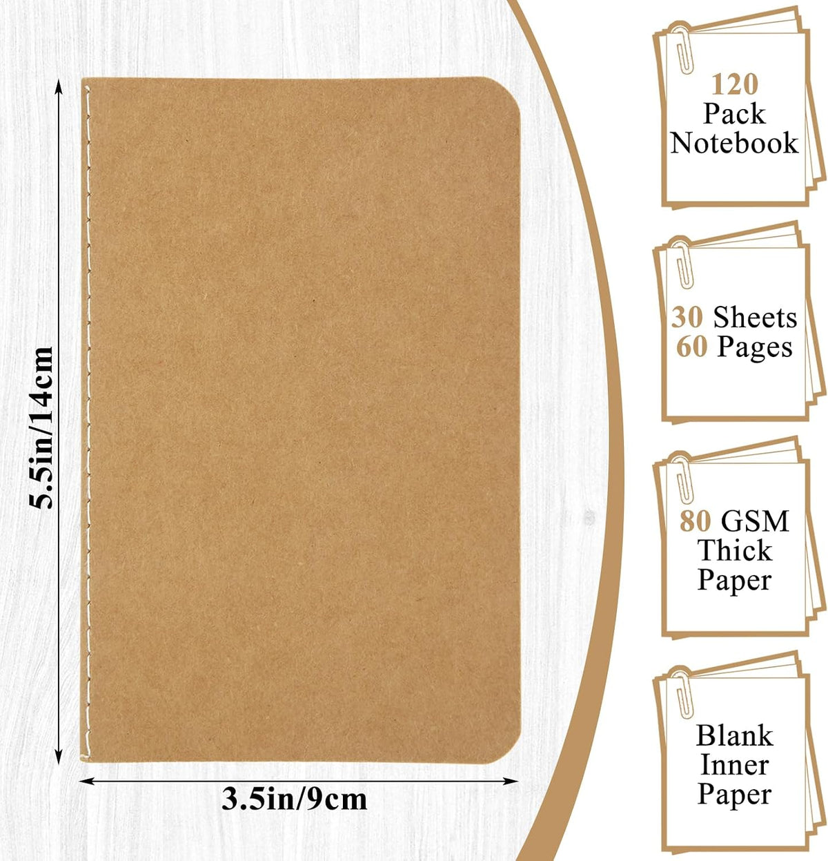 MIVIDE 120 Pack Mini Notebooks Bulk, 3.5 x 5.5 Blank Paper Small Pocket Notebook Set, Kraft Pocket Notebooks Bulk, Mini Journal Memo Notepads for Work, Writing, Drawing Memo Notepad, 60 Pages