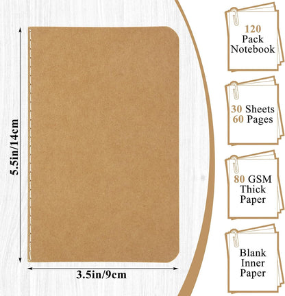 MIVIDE 120 Pack Mini Notebooks Bulk, 3.5 x 5.5 Blank Paper Small Pocket Notebook Set, Kraft Pocket Notebooks Bulk, Mini Journal Memo Notepads for Work, Writing, Drawing Memo Notepad, 60 Pages