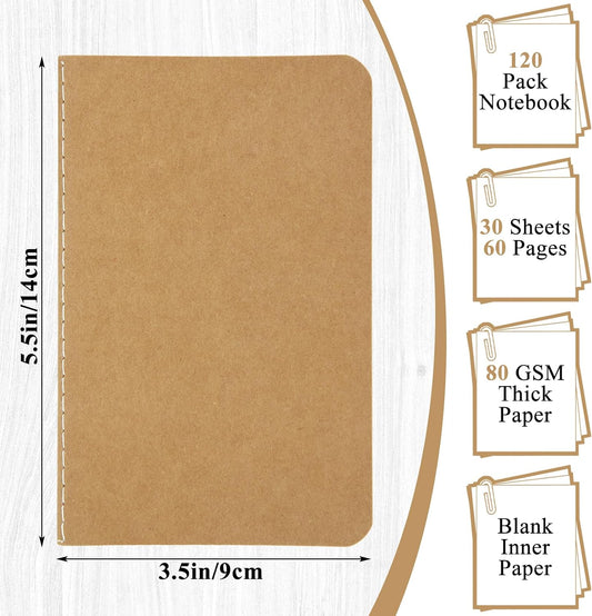 MIVIDE 120 Pack Mini Notebooks Bulk, 3.5 x 5.5 Blank Paper Small Pocket Notebook Set, Kraft Pocket Notebooks Bulk, Mini Journal Memo Notepads for Work, Writing, Drawing Memo Notepad, 60 Pages