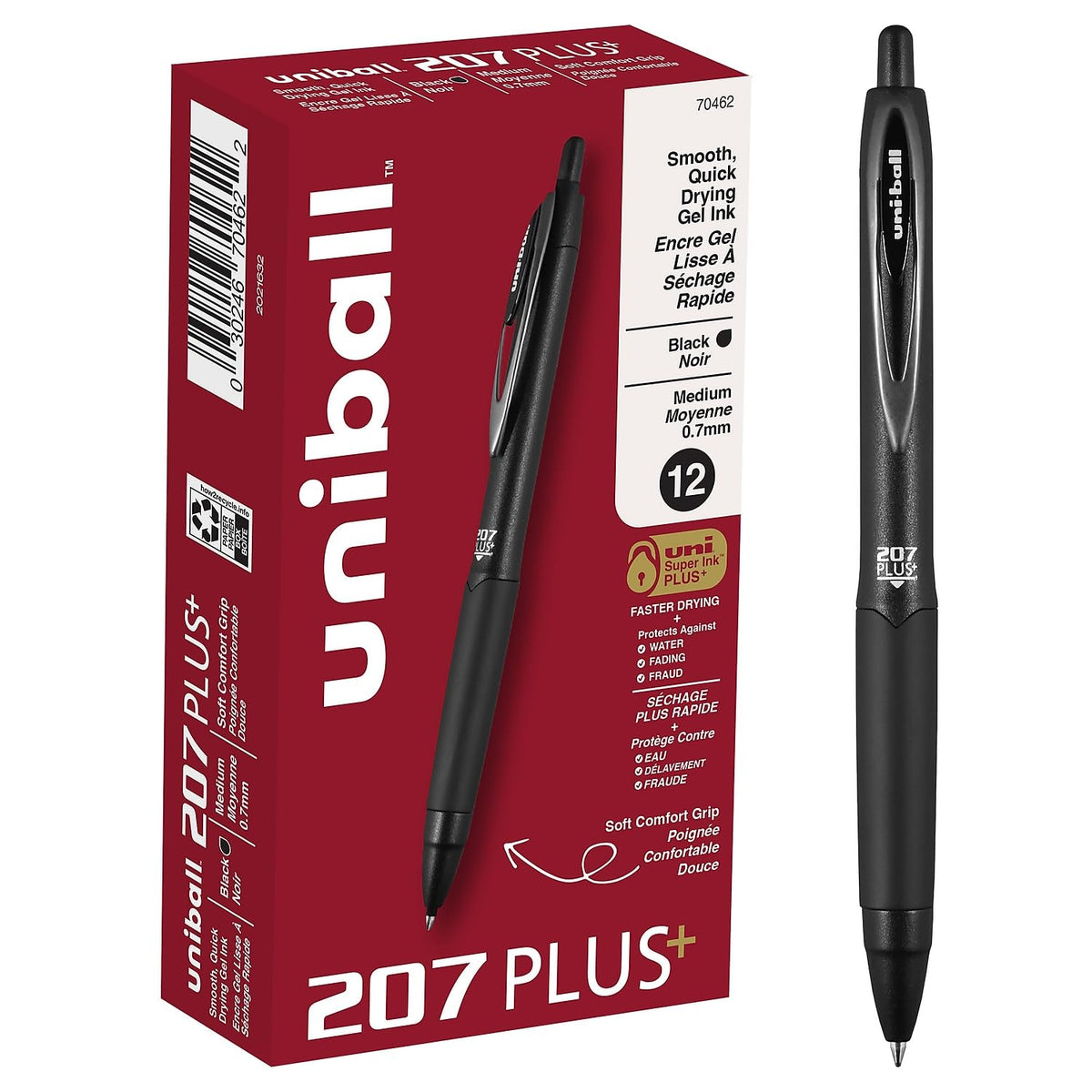 uniball™ 207 Plus+ Gel Pens, Black Ink, 0.7mm Medium Point, 4 Count