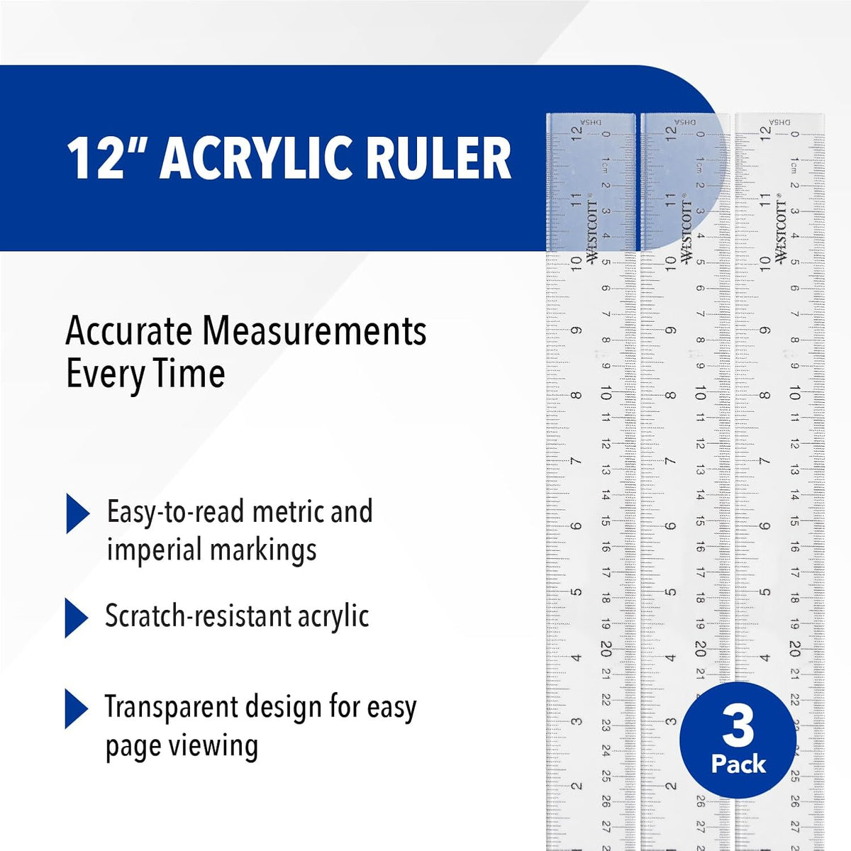 Westcott Acrylic Clear Ruler, Easy-to-Read Markings, Scratch-Resistant Design, Raised Beveled Edges, for Crafting, Office, Classroom, Back to School Supplies, 12-Inch
