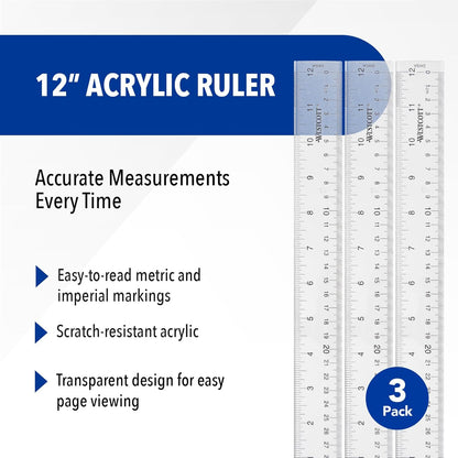 Westcott Acrylic Clear Ruler, Easy-to-Read Markings, Scratch-Resistant Design, Raised Beveled Edges, for Crafting, Office, Classroom, Back to School Supplies, 12-Inch