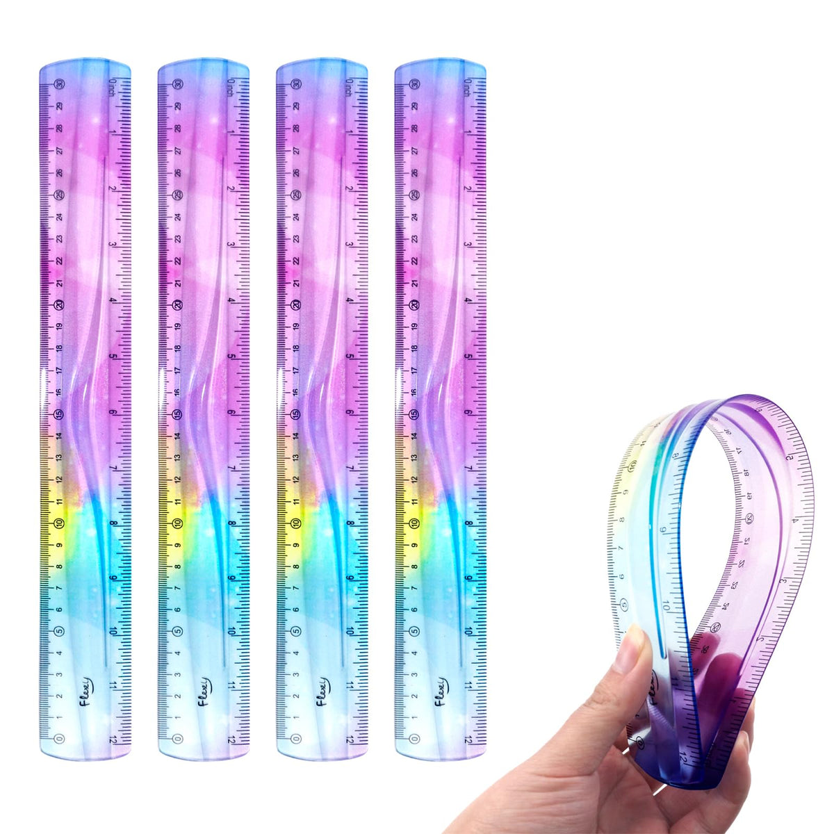 12 Inch & 6 Inch Flexible Ruler, Bendable Plastic Ruler, Soft Bendable Gradient Color Rulers with Centimeters and Inches for Student School Classroom Office Supplies
