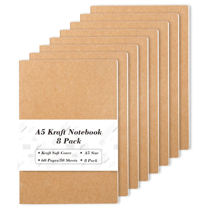 feela 60 Pack Kraft Notebooks Bulk, Lined Travel Journals Note Pad Notebooks for Men Women Girls Students, Making Plans Writing Memos Office School Supplies, A5, 60 Pages, 8.3” X 5.5”