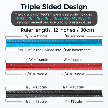 Rena Chris Architectural Scale Ruler: 12" Imperial Aluminum Alloy Metal Architecture Measuring Tools, Engineering Drafting Construction Drawing Blueprints Triangular Architect Scaling Rulers 12 Inches