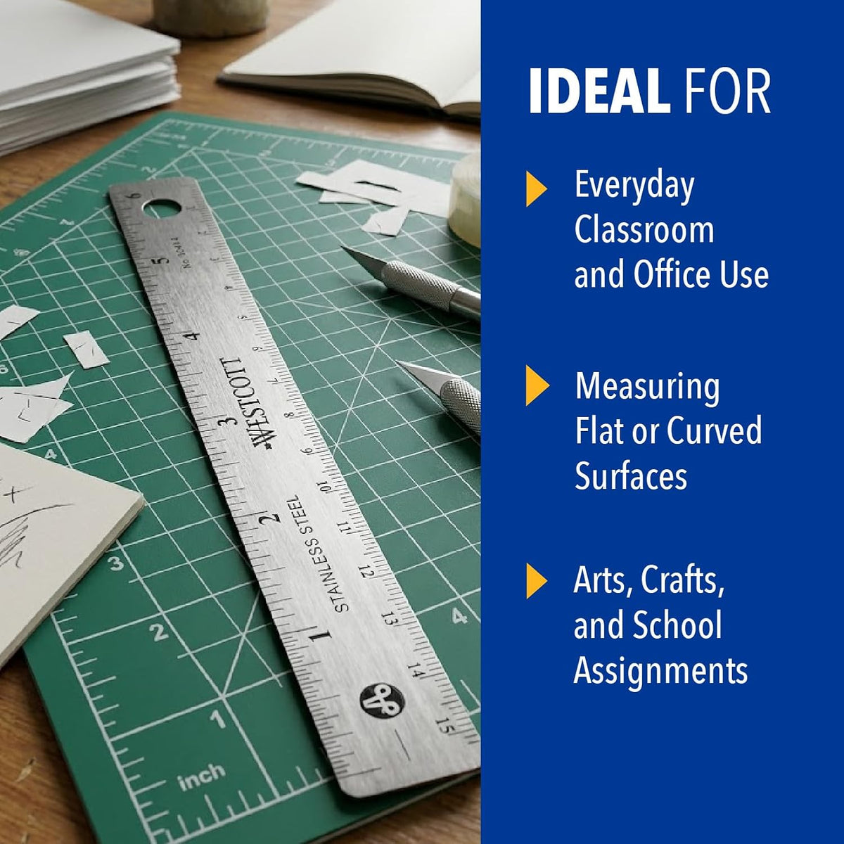 Westcott 10414 Stainless Steel Metal Ruler with Non-Slip Cork Base, 6 in