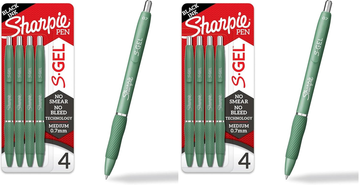 Sharpie S-Gel Gel Pens, Green Barrel, Black Ink, Medium Point (0.7mm), 4 Count - For Home, Office, College, Journaling, Drawing, Note-Taking, Writing
