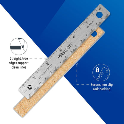 Westcott 10414 Stainless Steel Metal Ruler with Non-Slip Cork Base, 6 in