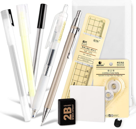 Whaline 10Pcs Japanese Style Stationery Set, Gel Ballpoint Pen, Mechanical Pencil, Lead Refills, Correction Tape, Sticky Notes, Eraser, Ruler, Highlighter, Bag, Back to School Supplies for Students
