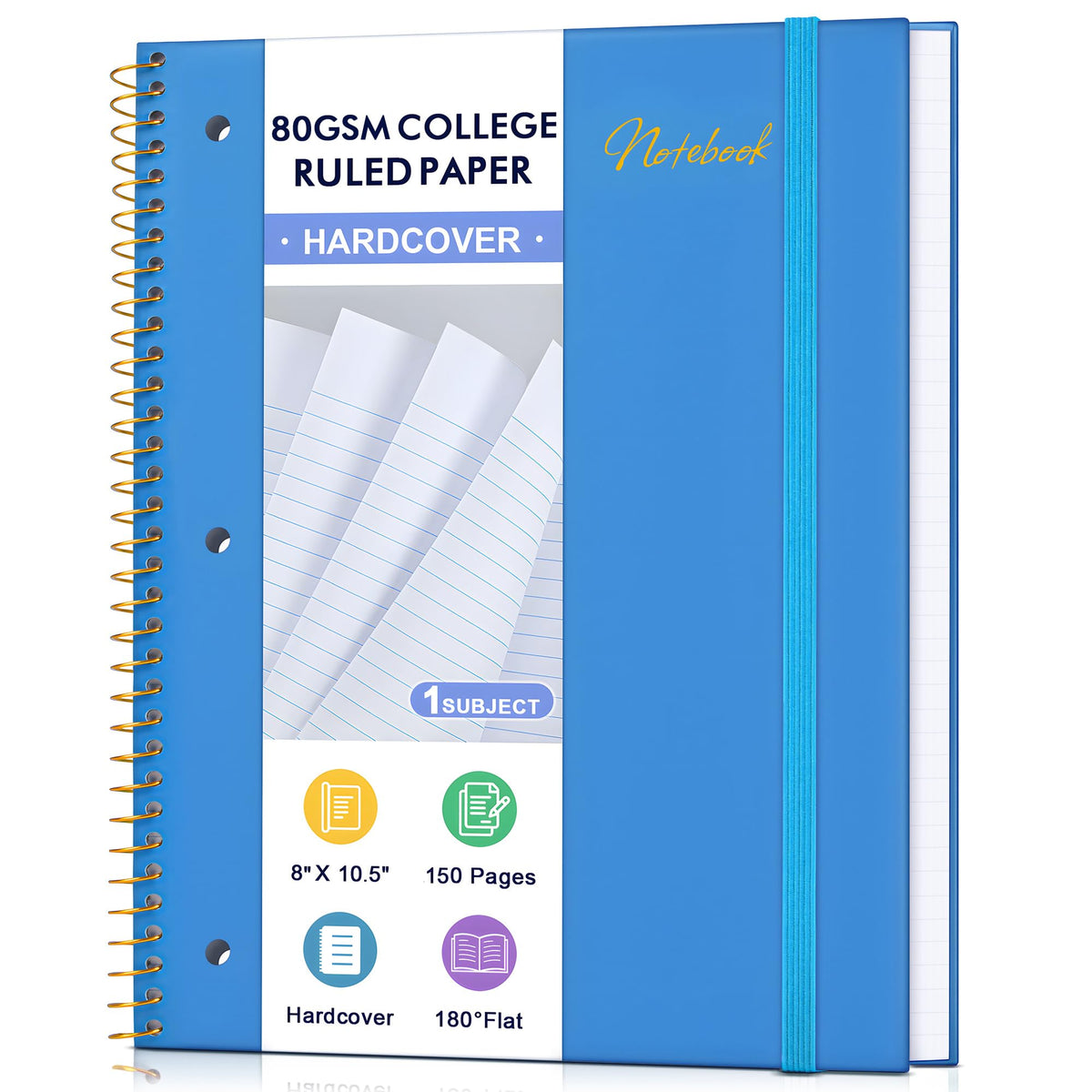 Spiral Notebook College Ruled Paper 8" x 10-1/2", 1 Subject Spiral Notebook 80GSM Paper, 3-Hole Punched Perforated Pages Ideal for School, Office, Writing, 75 Sheets Lined Journaling Notebook, Purple