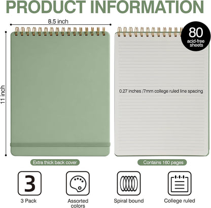 Thick Superhard Cover,Top Spiral Notebook 8.5x11,Top Bound Spiral Notebook,3 Pack,Lined Notepad,3x160 Pages, College Ruled,100GSM