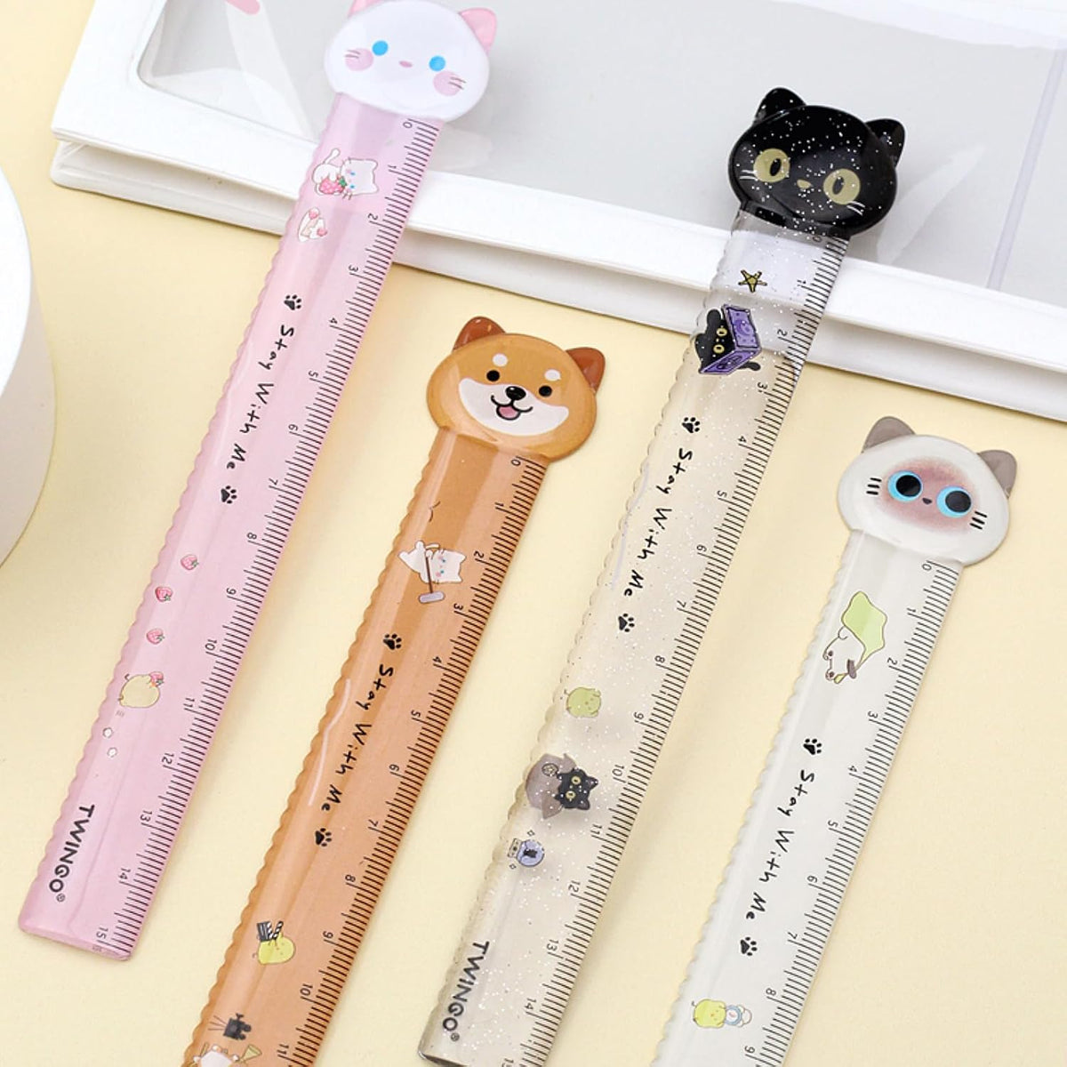4Pcs Cat Rulers, 15cm Cute Cartoon Plastic Ruler Set for School