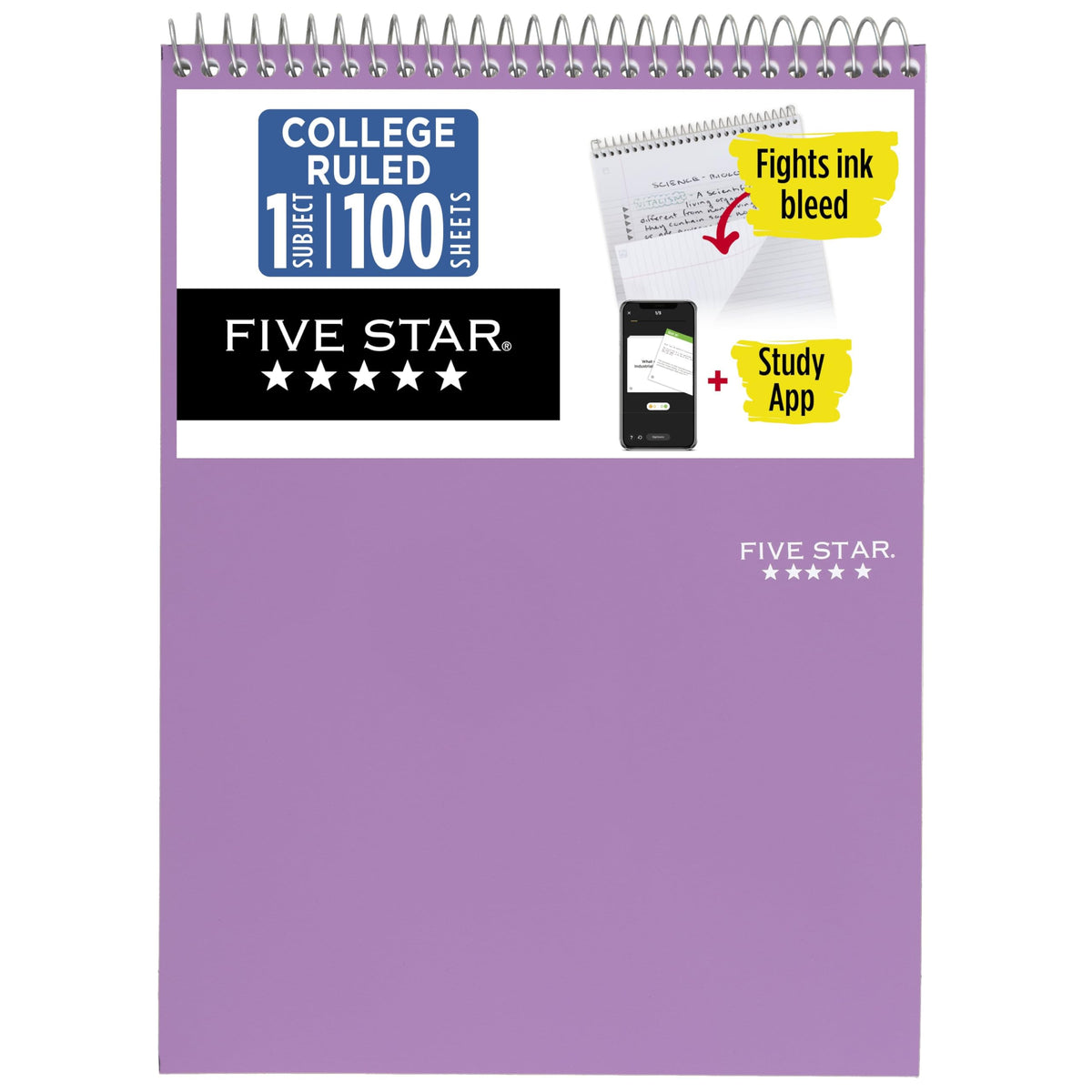 Five Star Top Spiral Notebook + Study App, 1 Subject, College Ruled Notepad, 8-1/2" x 11", 100 Sheets, Fights Ink Bleed, Water Resistant Cover, Black (820058A-ECM)