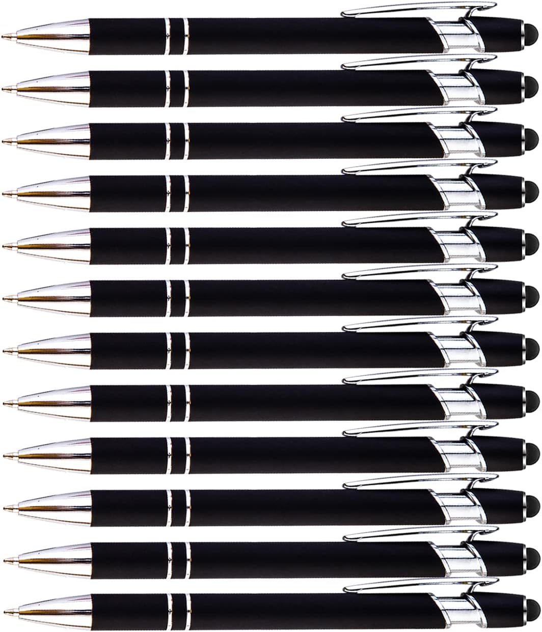 PASISIBICK 12-Piece Black Ballpoint Pen with Stylus Tip, 2 in 1 Stylish Metal Touch Screen Pen - Black Ink, 1.0 mm Medium Point - 5.5 x 0.4 inch / 14 x 1 cm